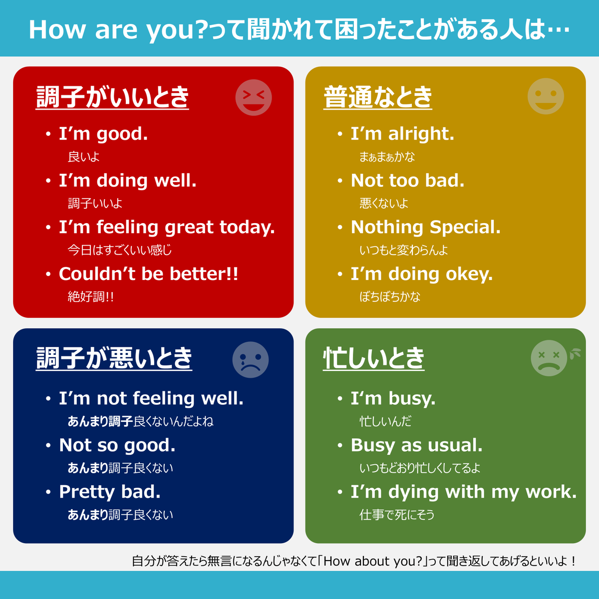 norio_TOEIC's tweet photo. 日本人なら「How are you? 」って聞かれときに、唯一知ってる I'm fine thank you, and you?をオドオドしながら言ったことあると思うんだよな。

これも知ってたほうが良い気がする。 https://t.co/n30bEpmKG0