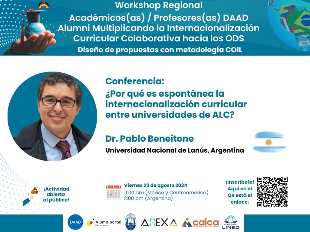 lined_ar's tweet photo. Workshop Regional
Académic@s DAAD Alumni
Multiplicando la Internacionalización Curricular Colaborativa hacia los ODS
Diseño de propuestas con metodología COIL
Dr. P. Beneitone - UNLa, Argentina
¿Por qué es espontánea la internacionalización curricular entre universidades de ALC? https://t.co/syKFlhgAsQ