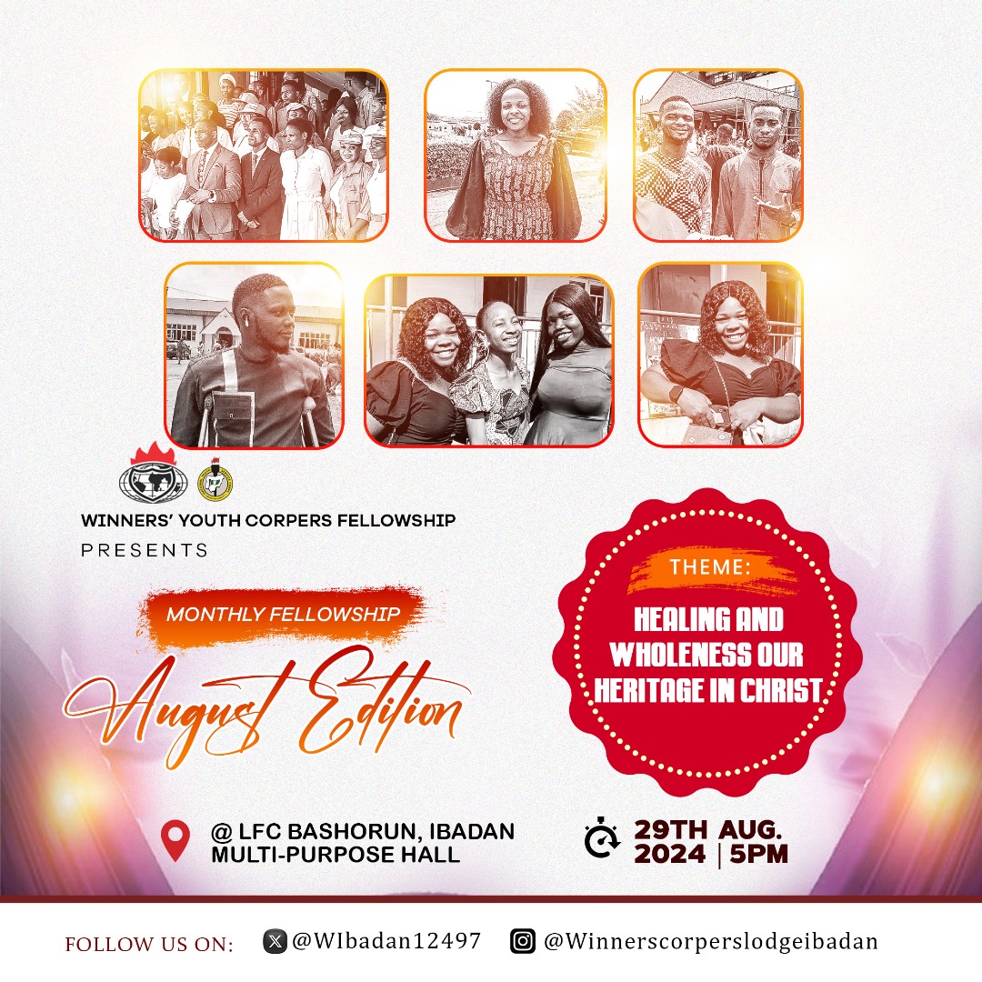 WIbadan12497's tweet photo. Here's a concise caption for your social media posts:

🌟 Join us for the August Edition of Corpers Fellowship! 🌟

Theme: Healing and Wholeness: Our Heritage in Christ
📅 Date: 29th August 2024
📍 Venue: LFC Multi-purpose Hall, Bashorun, Ibadan
🕔 Time: 5 PM https://t.co/jbXoV8cRGo