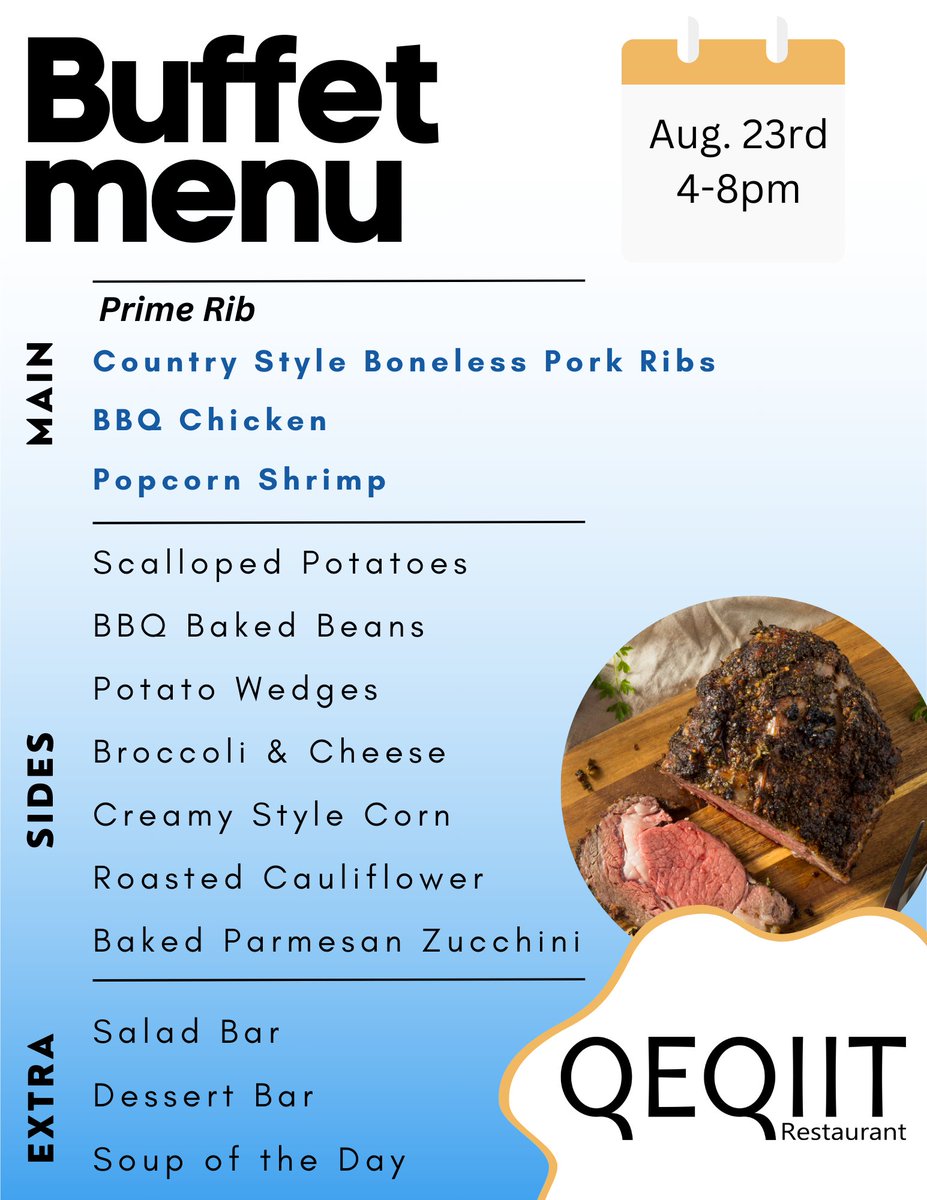 Indulge in a Prime Rib feast this Friday! 📷📷 Join us for our Prime Rib Buffet on August 23rd from 4-8 PM. Savor the juicy, flavorful goodness of slow-cooked prime rib, along with all your favorite sides. Don't miss out