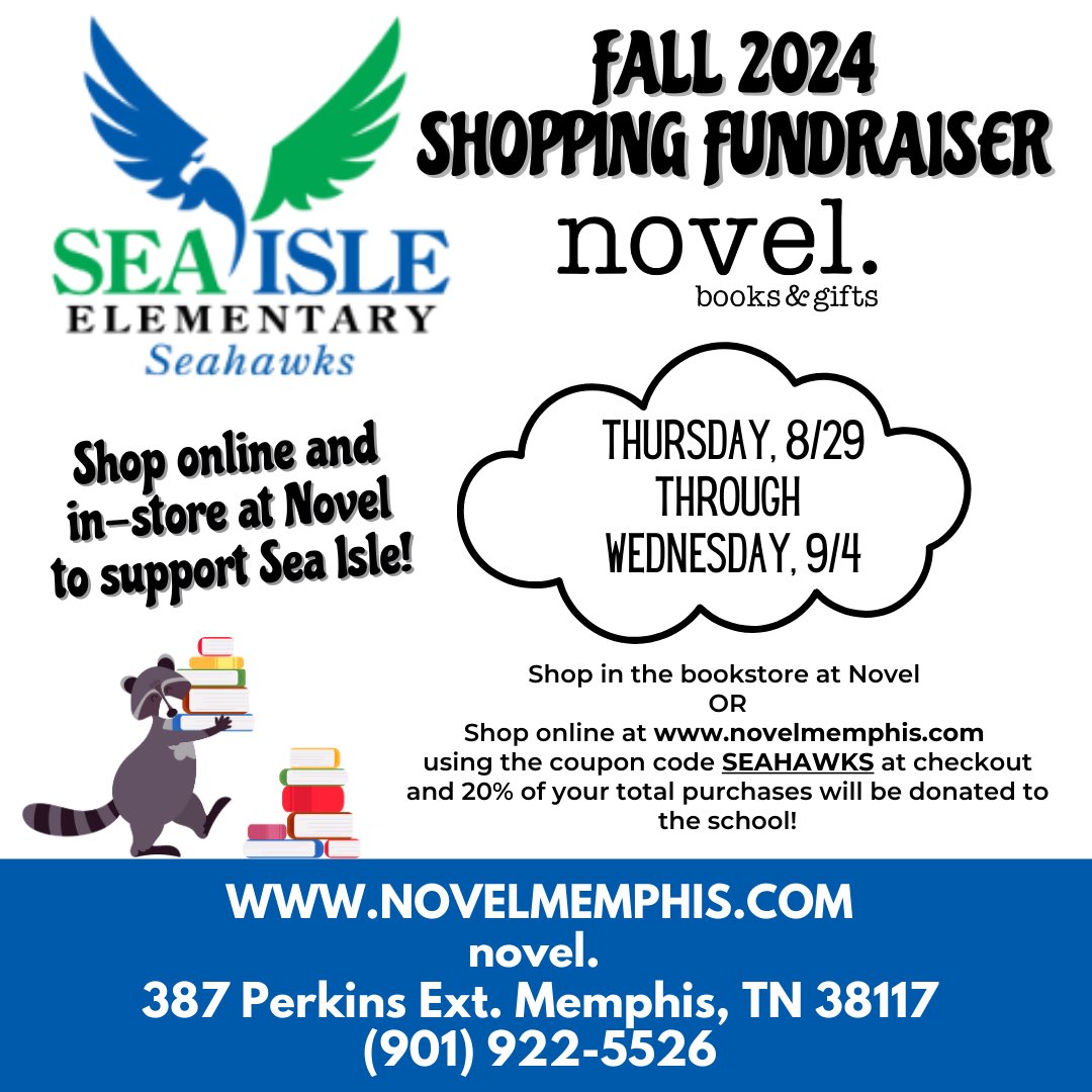 Join us on Thursday, August 29th at 5:30 p.m. for Family Literacy Night at <a href="/novelmemphis/">novel.</a>, grab a good book (or 2) and get some FREE Sea Isle swag &amp; an out of uniform pass for each student. 📚💙💚📖 #TeamSeaIsle #LetsRead #LetsSOAR
