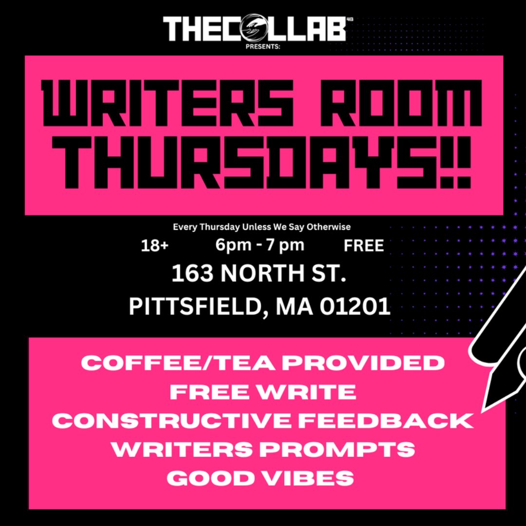 thecollab413's tweet image. Join us this Thursday for Writer's Room, a space for creative expression, community, and constructive feedback. 📝

Hosted by local writer Audrey Ryan and her crew. 🌟Whether you're joining in person or virtually. See you! 💬 #WritersCommunity #CreativeExpression #FeedbackSession