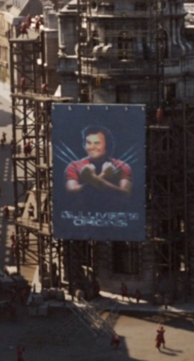 BASTILLEperfect's tweet photo. So are we going to get this variant of Wolverine??🤔 @RealHughJackman @ShawnLevyDirect @VancityReynolds  

Jack Black in ‘Gulliver’s Travels’ 😆 I died when I noticed this the other night https://t.co/r1YVWK4CwI