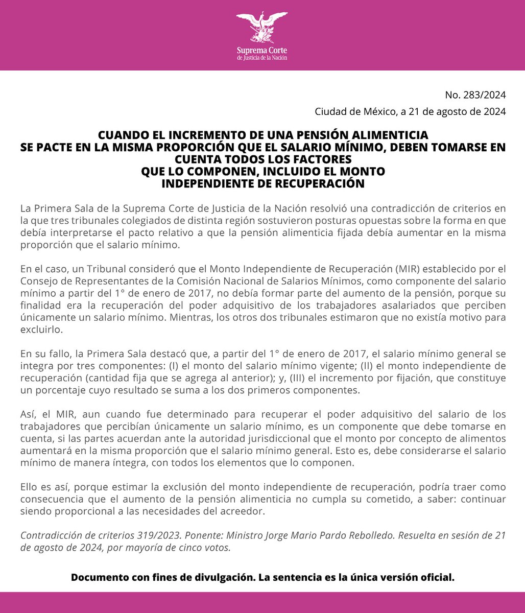 La #PrimeraSalaSCJN determinó que, cuando el incremento de una pensión alimenticia se pacte en la misma proporción que el salario mínimo, deben tomarse en cuenta todos los factores que lo componen, incluido el monto independiente de recuperación. bit.ly/3AJlhcb