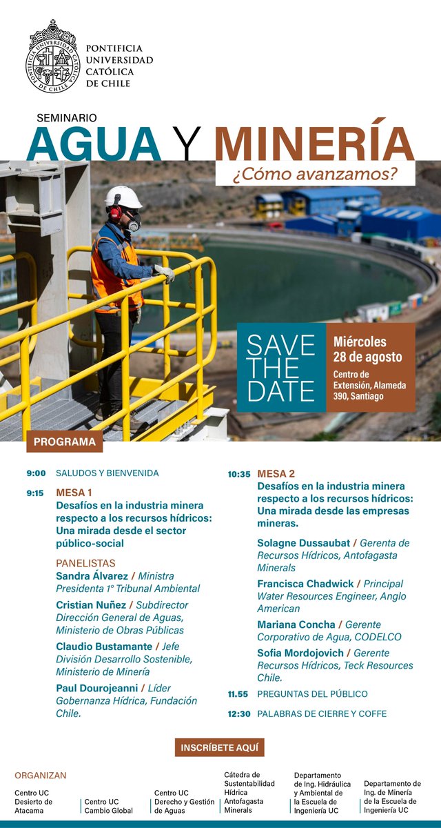 #RolPúblicoUC ¡No te pierdas el seminario “Agua y Minería: ¿Cómo avanzamos?”  
📅 Miércoles 28 de agosto 
📷 9:00 a 12:30 horas 
📷 Inscripciones (Cupos limitados): bit.ly/3MoLLCJ