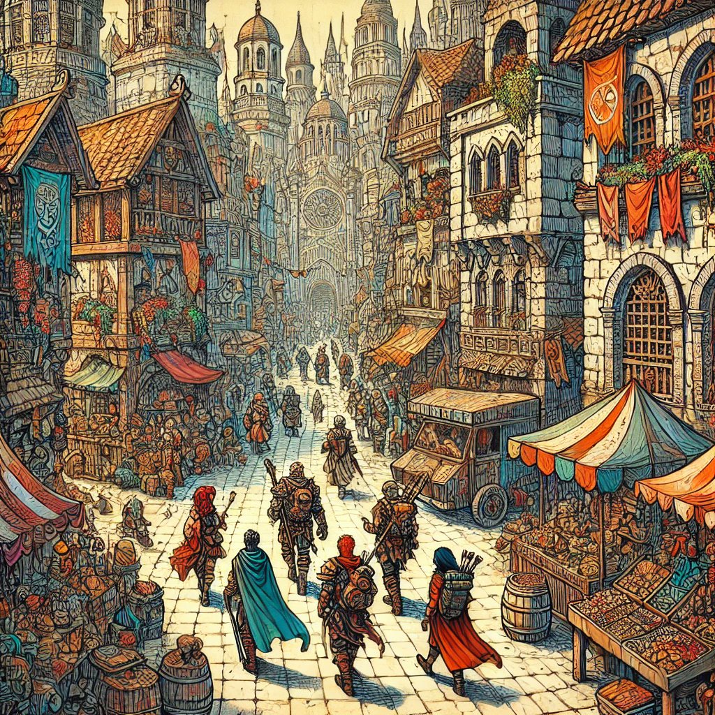 DMChroniclesAI's tweet image. #hook #rpg #DALLE3  The city is bustling 🛒 and the tavern folk loud..👂