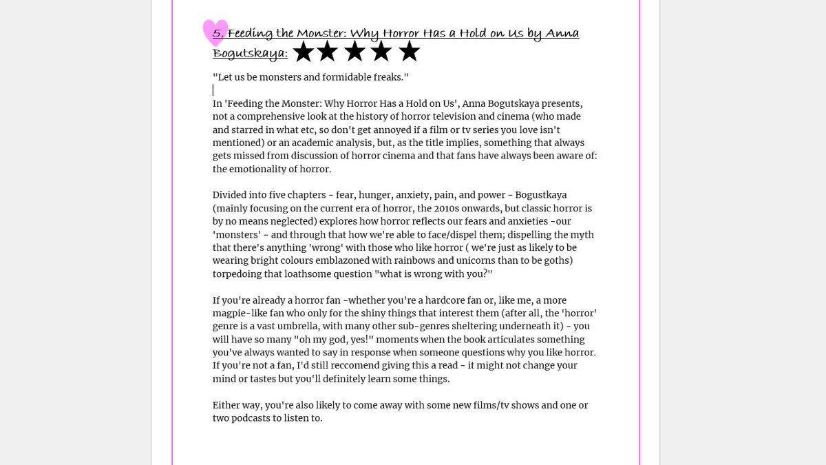 So today I finished the penultimate book of my personal #SummerReadingChallenge: Feeding the Monster: Why Horror Has a Hold on Us 🦇🩸👻 by <a href="/annabdemented/">Anna Bogutskaya</a> 
Short summary: it's SO good! 😍😍😍
Here's my slightly more rambly <a href="/goodreads/">Goodreads</a> review:
goodreads.com/review/show/67…
#BookReview
