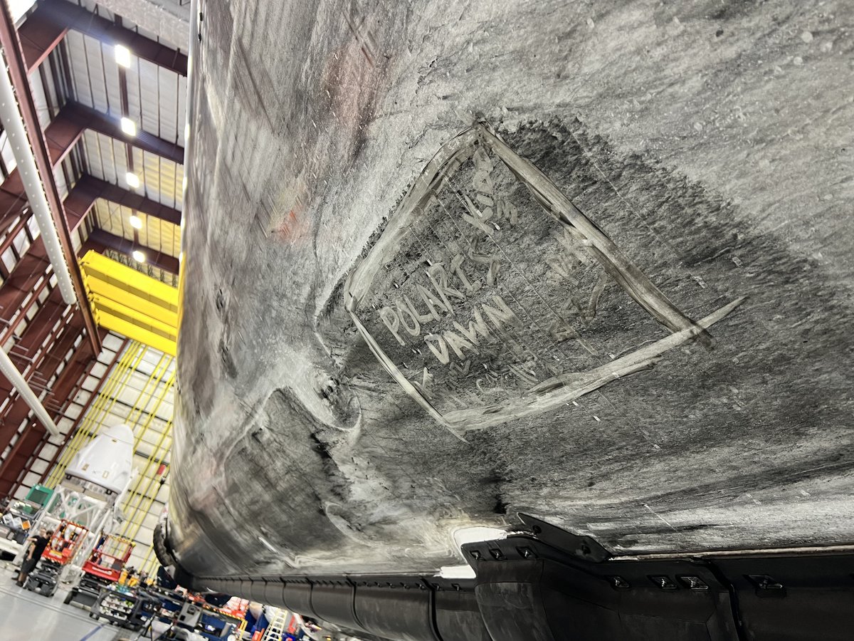 rookisaacman's tweet photo. Our daily quarantine routine includes running around LC-39A—where so many historic missions launched. Yesterday, we checked in on our booster, 2nd stage & Dragon. We also signed our flight-proven hardware—a cool experience unique to @SpaceX’s reusable tech. Without it, missions like @PolarisProgram wouldn’t be possible.