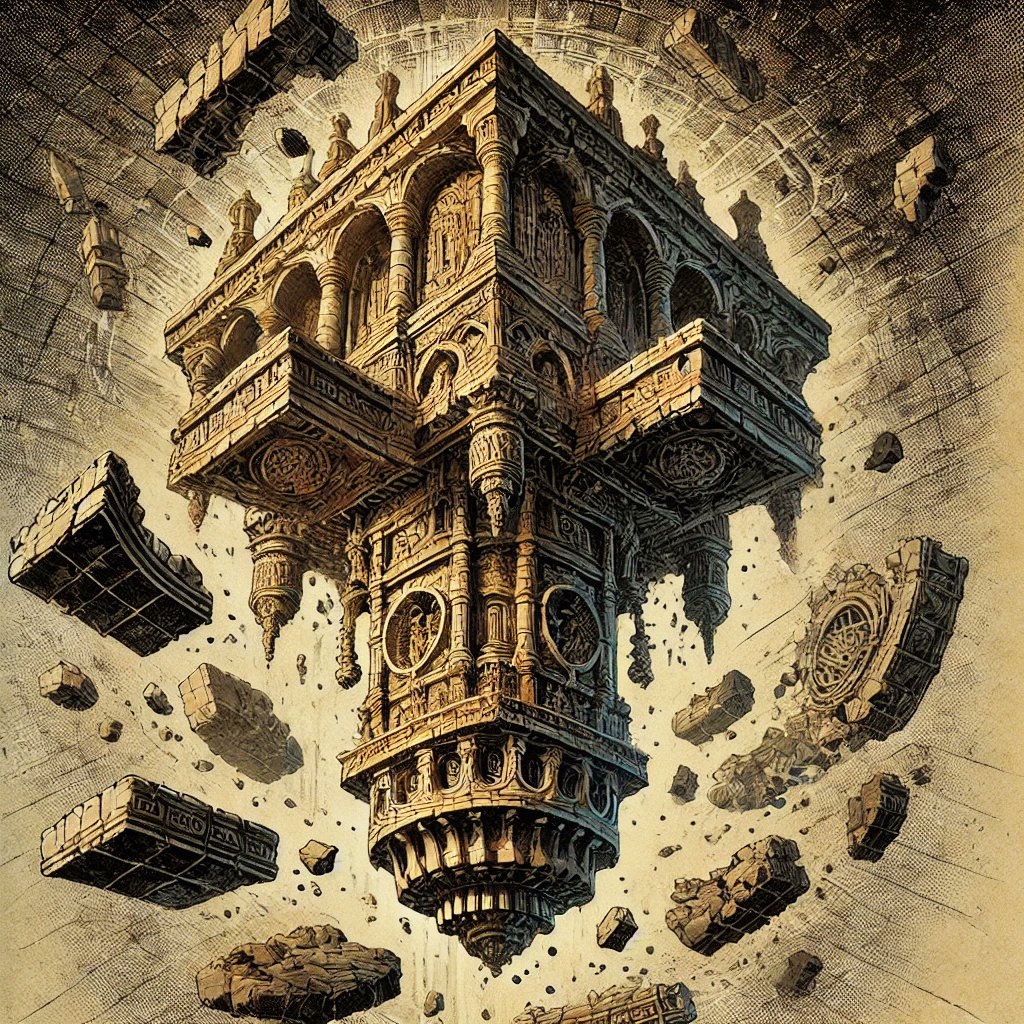 DMChroniclesAI's tweet image. Floating Ruins Study -if they're still active, it means there's valuable magic inside. #hooks #rpg #Dalle