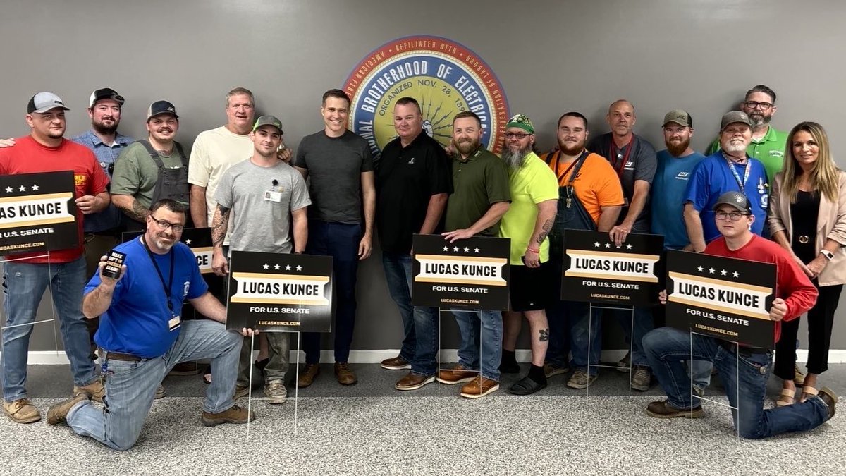 LucasKunceMO's tweet photo. Great to be with the IBEW in St. Joe today. They’re ready to Make Shit in America Again!

Missouri needs a warrior for working people in the U.S. Senate, and I’m ready to serve. https://t.co/KLkddQCuU6