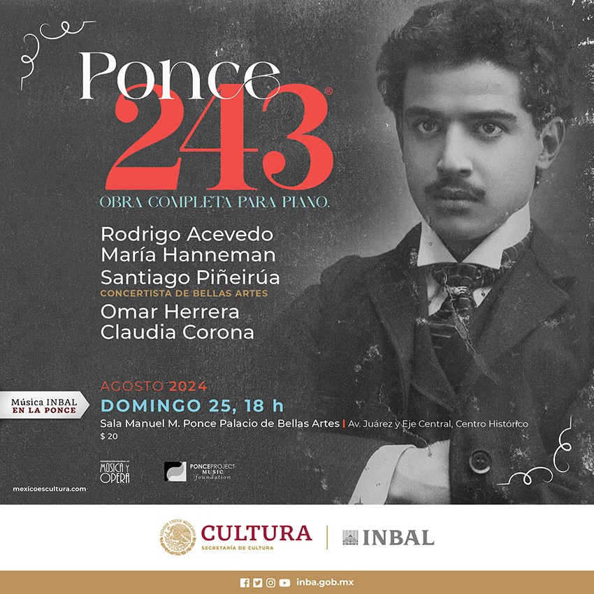 #90AniversarioPBA
¡Acompaña a <a href="/MusicaINBAL/">MúsicaINBAL</a>!
En “Ponce 243: obra completa para piano” se interpretarán obras del compositor Manuel M. Ponce, incluyendo piezas recién descubiertas. 🎹 ¡Te esperamos!

🗓Domingo 25, 18 h
🎟$20 | Taquillas y lc.cx/Q5dYDI
🔸Aplican descuento