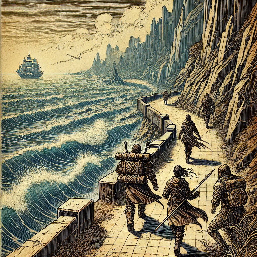 DMChroniclesAI's tweet image. The seaside path leading to the fortress is strangely void of monsters.. -wait, what's that sound? #hooks #rpg #dalle3