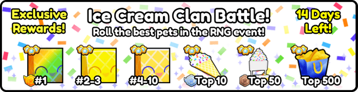 Less than a day left of the Ice Cream Clan Battle and the top 10 clans are:

Goop⭐️ 70.84b
fr3e⭐️ 66.39b
BOSS⭐️ 64.6b
HARM⭐️ 63.2b
B2SS⭐️ 57.62b
GANG⭐️ 55.75b
NS4R⭐️ 54.97b
P0Ok⭐️ 54.83b
HERD⭐️ 54.39b
MGSC⭐️ 53.35b
