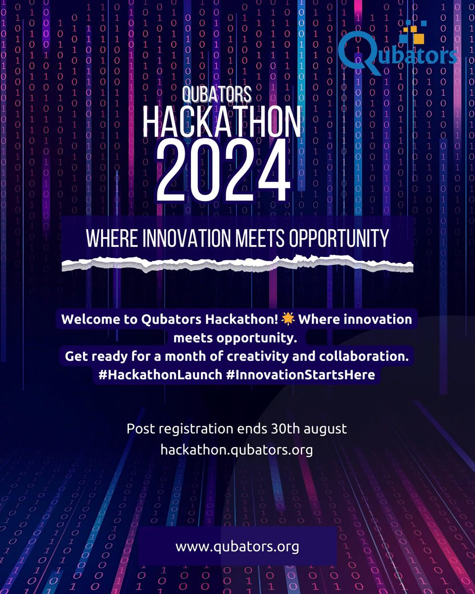 Qubatorsnet's tweet photo. Welcome to Qubators Hackathon! 🌟 Where innovation meets opportunity. Get ready for a month of creativity and collaboration. #HackathonLaunch #InnovationStartsHere

Post registration ends 30th august: https://t.co/wYUHi6R9Iy

Learn more: https://t.co/fsA2sopKaa https://t.co/wN6Nilov0Z