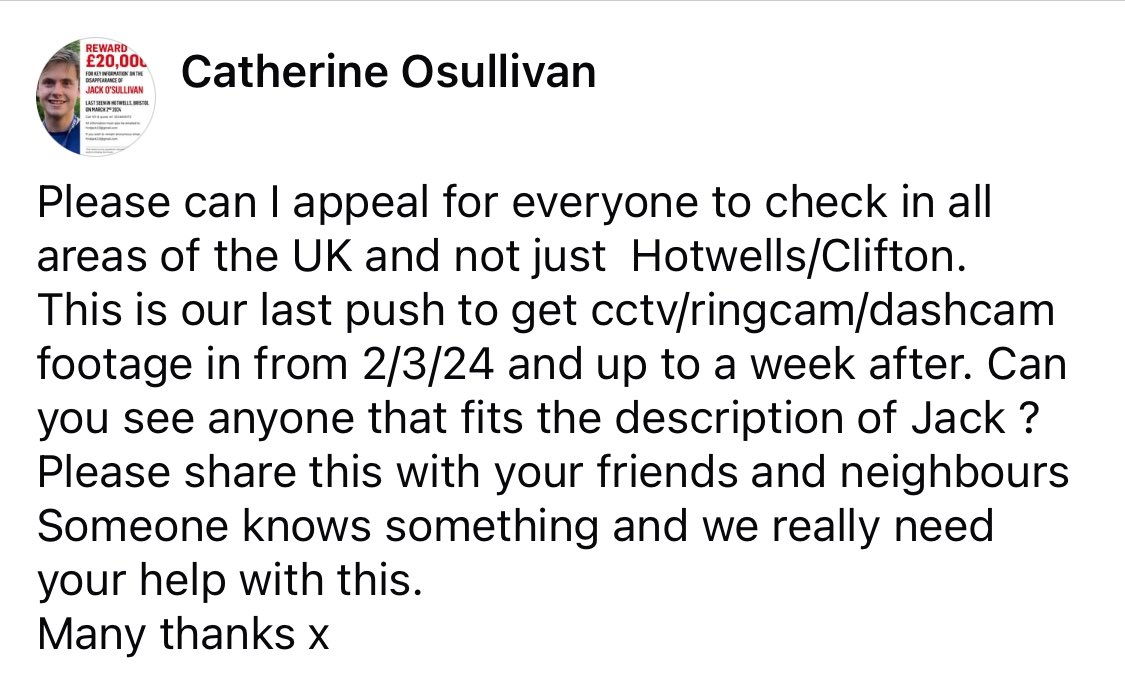 From Jack’s distraught mum - please, please check your cameras, and please share with everyone you know, especially those in the most crucial areas, the window is closing.