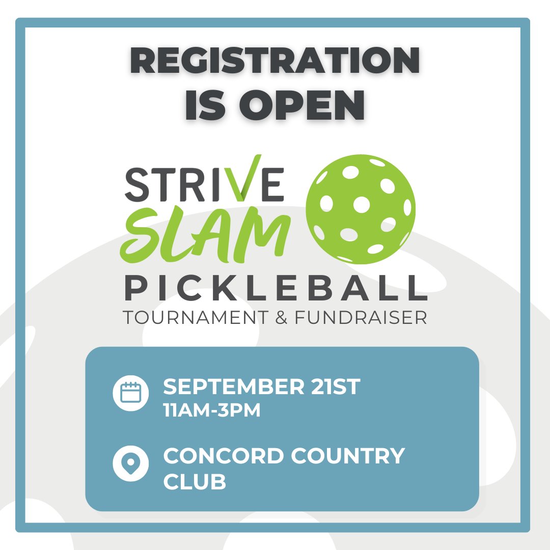 Strive Slam is one month away! Get ready for a day of fun at Concord Country Club's brand new pickleball courts on September 21st from 11am-3pm. Don't wait, learn more and register now: hubs.ly/Q02M7v8z0 .  Hope to see you there!