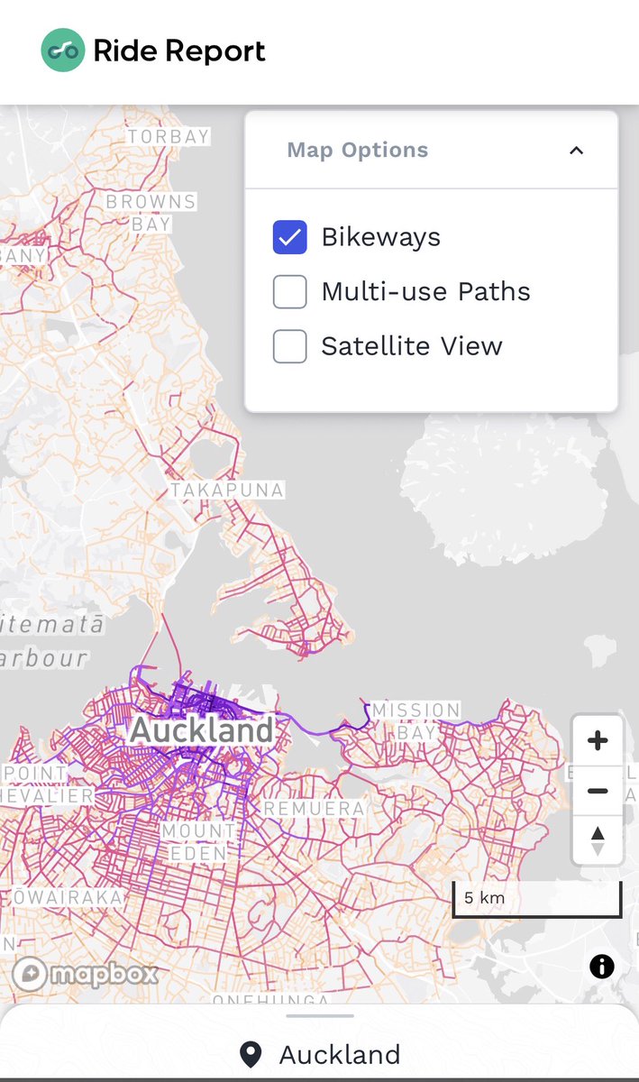 MDeFreese's tweet image. 4. Throughout the city, #walkways, #bicyclelanes, dedicated bus lanes, high occupancy lanes all cater to the sustainable mobility hierarchy. Here’s a map of #Auckland’s network of bike lanes (also from @RideReport).