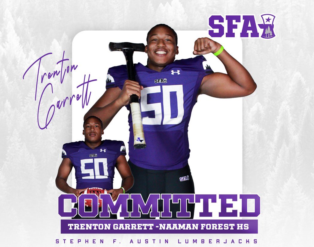 #AGTG Blessed to say I’m committed!!!
<a href="/SFA_Football/">Lumberjack Football</a> <a href="/SFACoachGraf/">Garrett Graf</a> <a href="/CoachCarthel/">Colby Carthel</a> <a href="/CoachXG/">Xavier G.</a> <a href="/CoachP_WAM/">Coach Jesse Perales 🏈</a> <a href="/TTuialuuluu/">Tristin T</a> <a href="/NF_Recruits/">Naaman Forest Football Recruiting</a>