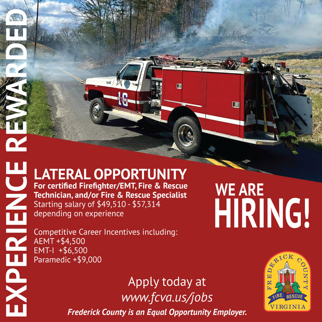Are you ready to answer the call? If you are a certified Firefighter/EMT, Fire &amp; Rescue Technician, and/ or Fire &amp; Rescue Specialist, we want you to join Frederick County, Fire &amp; Rescue. Apply today: ow.ly/1t2750T3kGH
