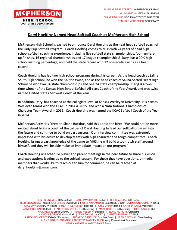 McPherson High School is excited to announce Daryl Hoelting as the next head coach of the Lady Pup Softball Program! Go PUPS! #bullpupnation