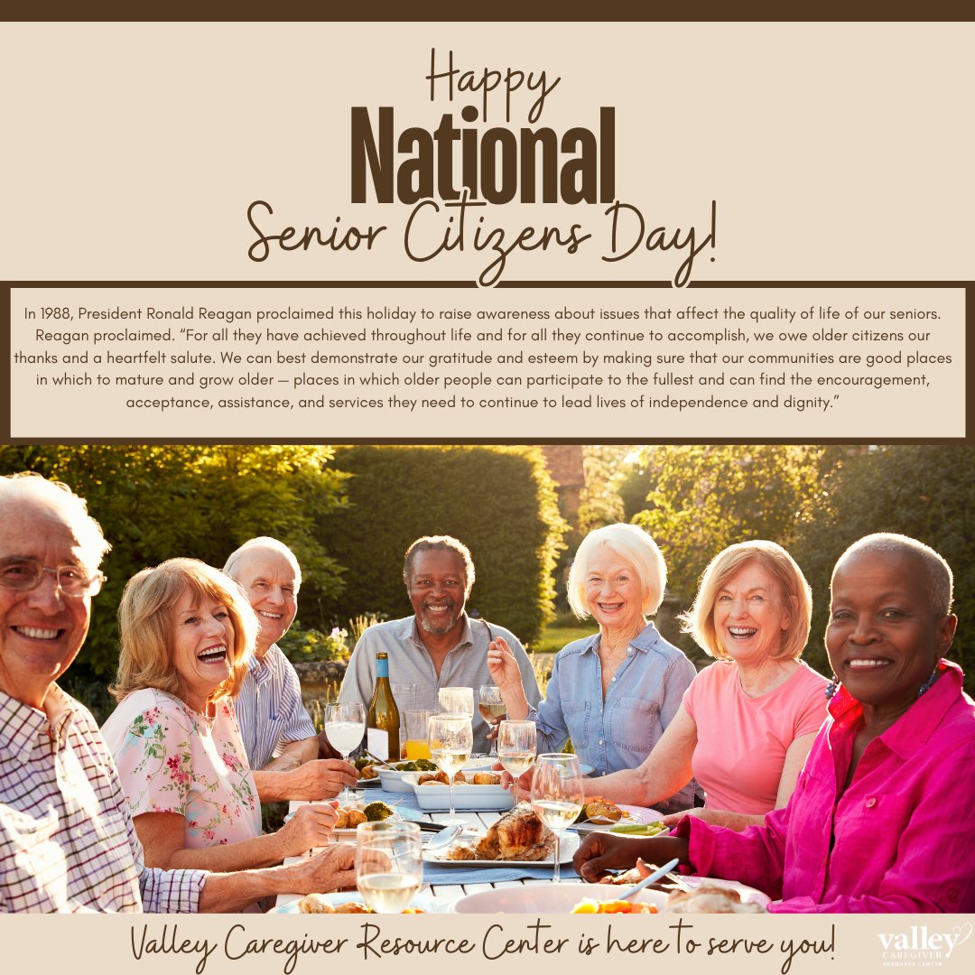 CaregiverValley's tweet photo. Happy National Senior Citizens Day! Today we celebrate the wisdom and contributions of our older generation. Let's take this opportunity to honor and appreciate the seniors in our lives who have played a significant role in shaping our communities. #VCRC #ValleyCRC https://t.co/OrwuRSoOBu
