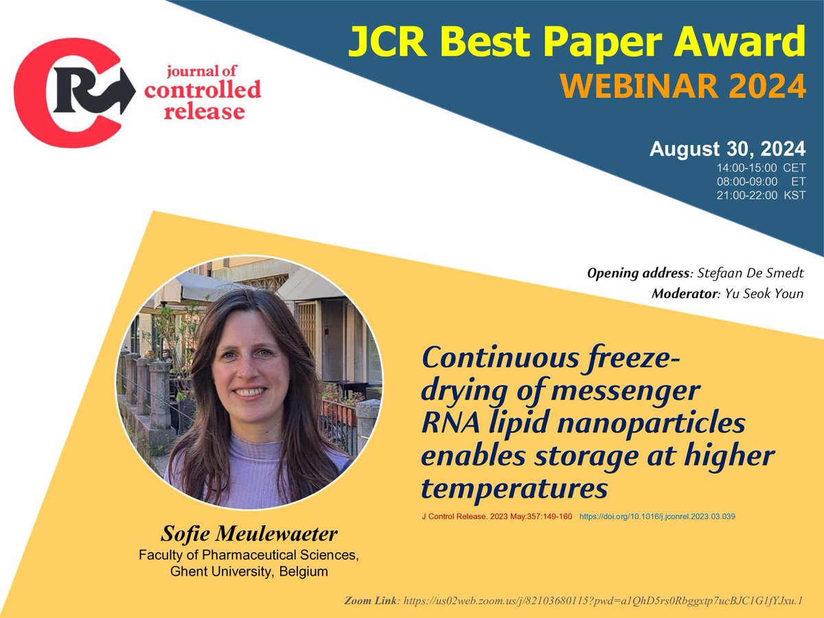 J Controlled Release (@jcrneditors) on Twitter photo Join us for the 1st Webinar of the JCR Best Paper Award !
<a href="/CRSScience/">Controlled Release Society</a> <a href="/CRSBeNeLuxFr/">CRS BeNeLux & France Local Chapter</a> <a href="/CRS_SPLC/">CRS Spanish Portuguese Local Chapter</a> <a href="/UKICRS/">UKICRS</a> @CRS_GermanChapt <a href="/CRS_Italia/">CRS Italy Local Chapter</a> <a href="/CrsIndian/">CRS Indian Chapter</a> <a href="/CRSMalaysia/">CRS Malaysia Local Chapter (MyCRS)</a> <a href="/brazilcrs/">Brazil CRS</a> <a href="/AustralianCRS/">Drug Delivery Australia</a> <a href="/nz_crs/">NZCRS</a>
📅 Aug. 30th (Fri)
⏰ 12:00 UTC
🔗 spkl.io/601247AfO
🆔 821 0368 0115
🔐 817741 Join us for the 1st Webinar of the JCR Best Paper Award !
<a href="/CRSScience/">Controlled Release Society</a> <a href="/CRSBeNeLuxFr/">CRS BeNeLux & France Local Chapter</a> <a href="/CRS_SPLC/">CRS Spanish Portuguese Local Chapter</a> <a href="/UKICRS/">UKICRS</a> @CRS_GermanChapt <a href="/CRS_Italia/">CRS Italy Local Chapter</a> <a href="/CrsIndian/">CRS Indian Chapter</a> <a href="/CRSMalaysia/">CRS Malaysia Local Chapter (MyCRS)</a> <a href="/brazilcrs/">Brazil CRS</a> <a href="/AustralianCRS/">Drug Delivery Australia</a> <a href="/nz_crs/">NZCRS</a>
📅 Aug. 30th (Fri)
⏰ 12:00 UTC
🔗 spkl.io/601247AfO
🆔 821 0368 0115
🔐 817741