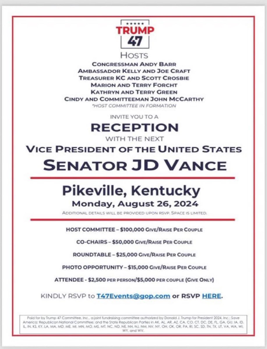 JRVanHoose's tweet photo. Nothing says we want to fight for the “working man” like a minimum $2,500 plate dinner in eastern Kentucky. Maybe if he truly cared about the people of Appalachia, he could have offset the cost so that everyone had a chance to attend. https://t.co/CKq2YbgNMV