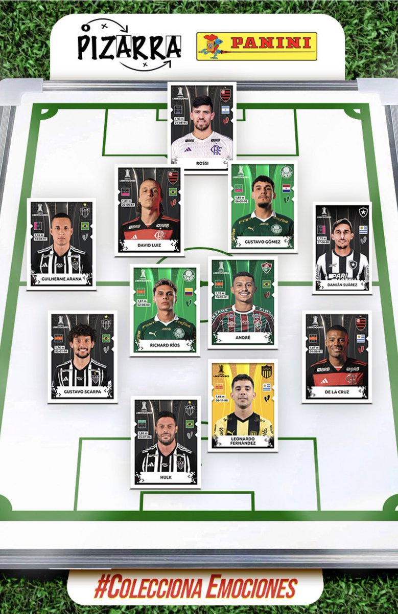 Te acabo de armar el mejor equipo posible de esta Libertadores 2024… 
Con este 11 no me gana nadie: 

Rossi; Damián Suárez, David Luiz, Gustavo Gómez, Arana; Richard Ríos, André; De la Cruz, Gustavo Scarpa, Leo Fernández; Hulk. 

Gracias a la #PizarraPanini tu también puedes