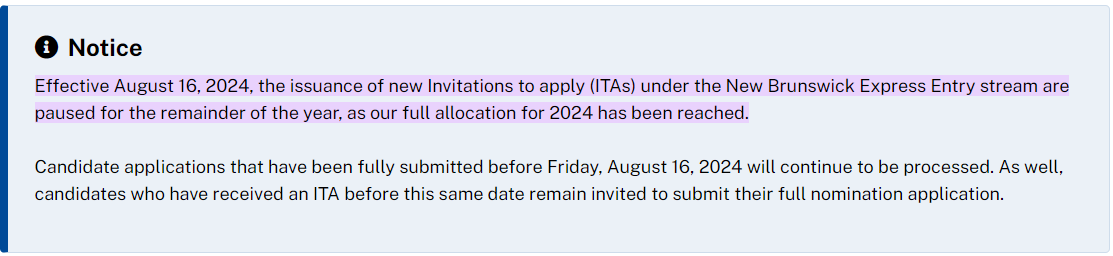 instacan_ca's tweet photo. Invitations to apply (ITAs) under the New Brunswick Express Entry stream are paused for the remainder of the year https://t.co/NuarzKlNkH