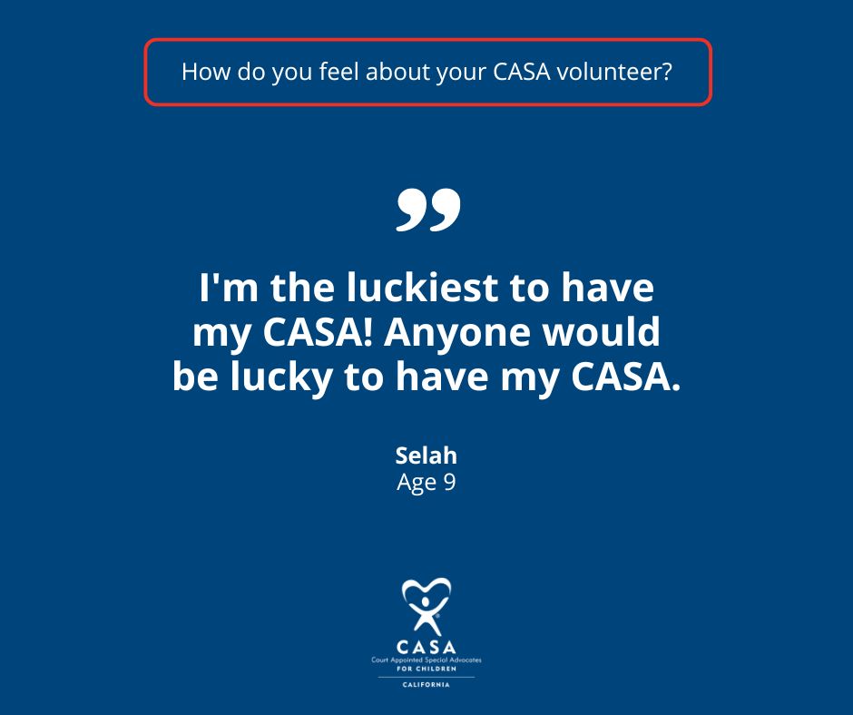 Alameda_CASA's tweet photo. How do you feel about your CASA volunteer?
“I'm the luckiest to have my CASA! Anyone would be lucky to have my CASA.” 
#YouthInFosterCare https://t.co/z87o6AWPww
