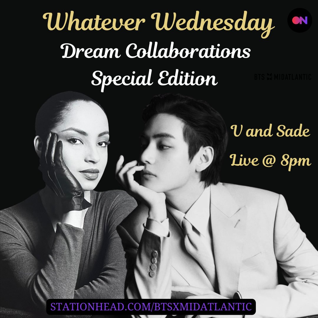BTSxMidAtl's tweet photo. Seven collaborations our Stationhead host dreams about. Tune in tonight for a special edition of Whatever Wednesday.🕵️♀️
#v #sade #btsarmy #btscollabs @BTS_twt
https://t.co/WA8eeQQ9q4 https://t.co/Z9aADVyxot