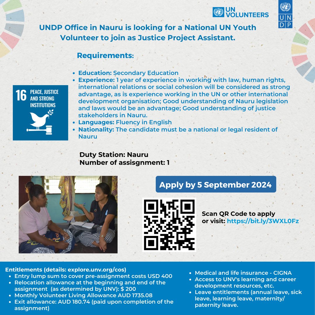 UNVPacific's tweet photo. 🌟 Attention Nauru Nationals! 🌟
UNDP Nauru is seeking a National UN Youth Volunteer for the role of Justice Project Assistant. If you're passionate about justice and want to make an impact, apply now! 🌍✨
#UNDP #YouthVolunteer #JusticeProject #Nauru #MakeADifference https://t.co/7lIF6Vjpdz