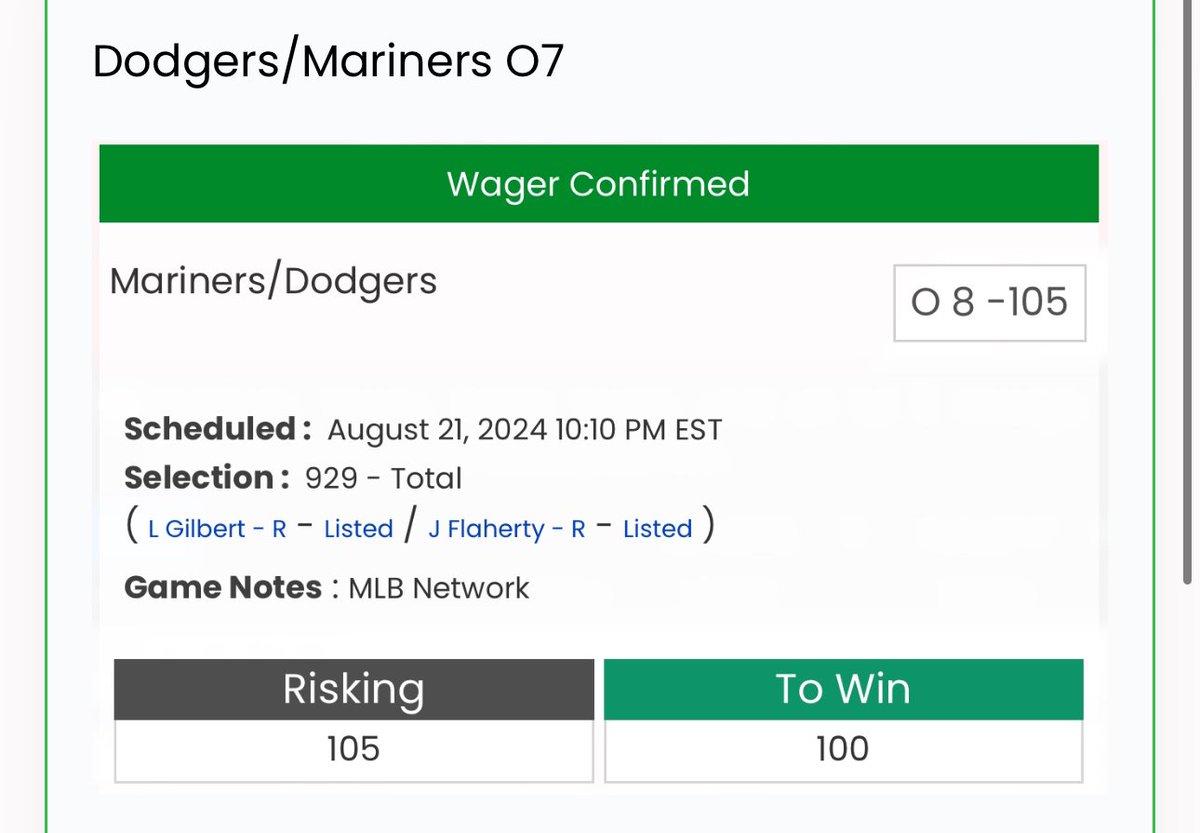 DaDonCashes's tweet photo. Da Don Cashes Straight Bet 🏦
100$ Bet VIP Got first ⭐️
Dodgers / Mariners O8 1U 🔥
Like It Up If Tailing this Late Night Banger !
#dadoncashes #money #picks #gamblingx #props #betting #sports https://t.co/ObbKsIBUnt