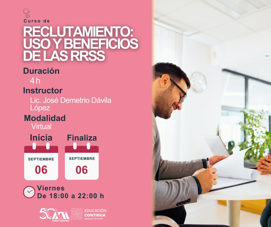 UAM (@lauammx) on Twitter photo Participa en el curso de Reclutamiento y las RRSS, que se llevará a cabo el próximo VIERNES 06 DE SEPTIEMBRE, 18:00 H.
.
🗓️ ¡Inscríbete antes de AGOSTO 30!
🤳 wa.me/message/DWRD7T…
📧 econtinua@cua.uam.mx
📍 Unidad Cuajimalpa
.
#SoyUAM #UAM50 <a href="/uamcuajimalpa/">UAM Cuajimalpa</a> Participa en el curso de Reclutamiento y las RRSS, que se llevará a cabo el próximo VIERNES 06 DE SEPTIEMBRE, 18:00 H.
.
🗓️ ¡Inscríbete antes de AGOSTO 30!
🤳 wa.me/message/DWRD7T…
📧 econtinua@cua.uam.mx
📍 Unidad Cuajimalpa
.
#SoyUAM #UAM50 <a href="/uamcuajimalpa/">UAM Cuajimalpa</a>