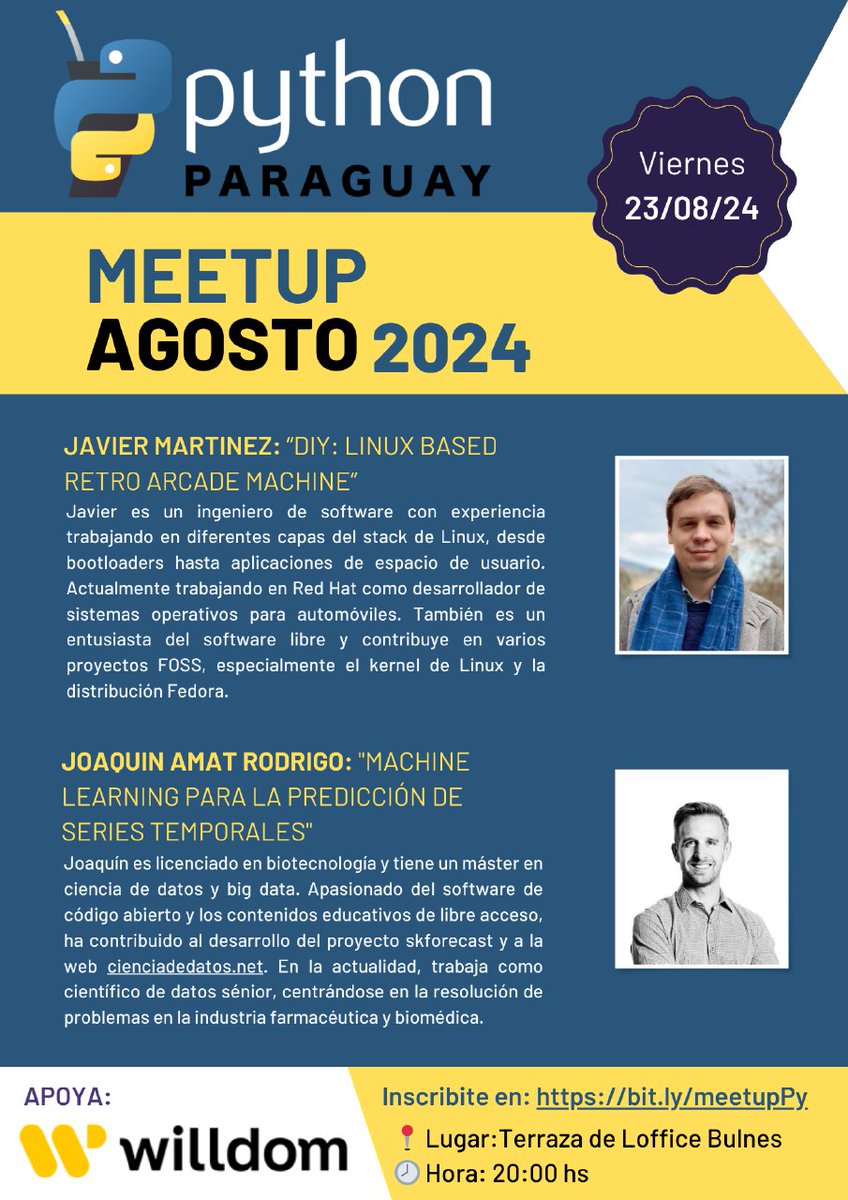 🐍🇵🇾 <a href="/PythonParaguay/">Python Paraguay 🐍🇵🇾</a> Meetup Agosto 2024 

📅 Viernes 23/08
🕗 20hs
📍 Loffice Bulnes

Charlas:
★ Javier Martínez: "DIY: Linux based retro Arcade Machine" 

★ Joaquín Amat Rodrigo: "Machine Learning para la predicción de Series Temporales"

Inscripciones:
bit.ly/meetupPy