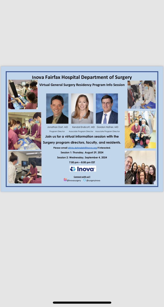 Inova Surgery Residents (@surgeryinova) on Twitter photo Please join us on Thursday, August 29th and Wednesday, September 4th for an information session with the residents about our awesome program! Please email Olivia.dohnalek@inova.org for more information! Please join us on Thursday, August 29th and Wednesday, September 4th for an information session with the residents about our awesome program! Please email Olivia.dohnalek@inova.org for more information!