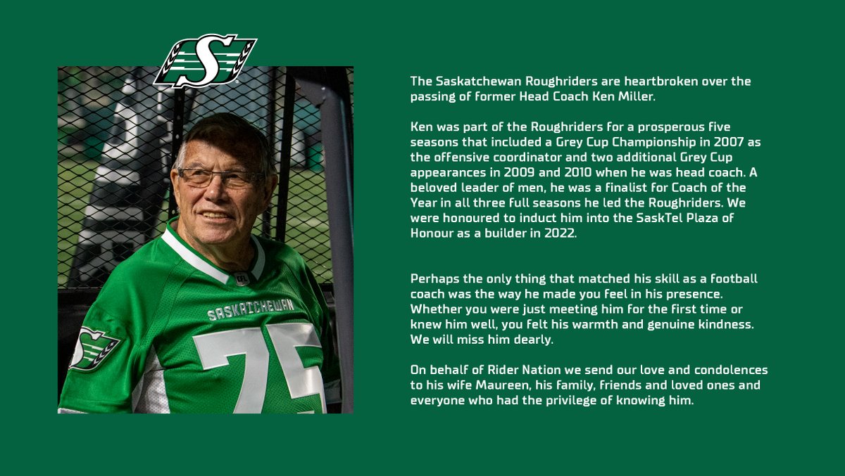 We are heartbroken over the passing of former Head Coach Ken Miller. 

On behalf of Rider Nation we send our love and condolences to his wife Maureen, his family, friends and loved ones and everyone who had the privilege of knowing him.

💚 bit.ly/4dw99Kl