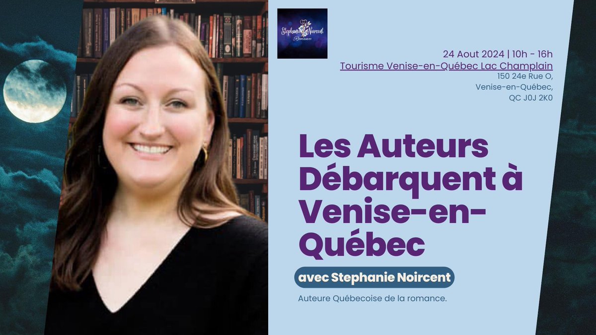 StephNoircent's tweet photo. Bonjour à tous! Je suis une auteure johannaise et québécoise, et je serai à Venise-en-Québec ce samedi de 10h à 16h pour leur événement Les auteurs débarquent à Venise-En-Québec. https://t.co/qHABVh6pVq #livre #livreaddict https://t.co/bYZdEiaJF5