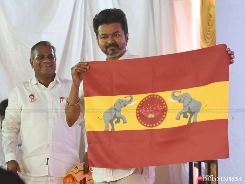 NewIndianXpress's tweet photo. #TVKFlagLaunch | TVK chief #Vijay at the launch of his party flag in Chennai.

Express photos | @ashwinacharya05. https://t.co/VoSsr3Zd6l