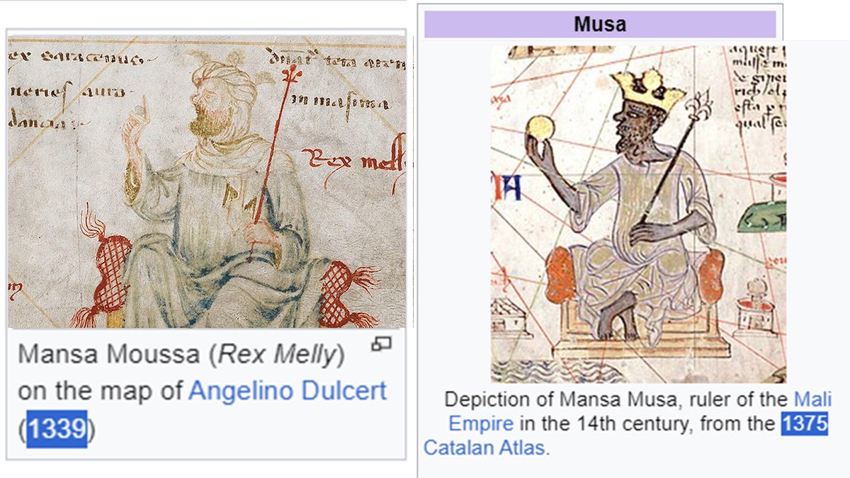 robertsepehr's tweet photo. @philosophysage On the left is the earliest depiction of Mansa Musa (1339). His Arabic library had 10,000 books. Sub-Saharan Africans had no written language. Compare it to the falsified Wikipedia revisionist image on the right. Wake Up.

Mansa Musa and the Mali Empire 
https://t.co/hWawnyHICd https://t.co/XahlP9an9k