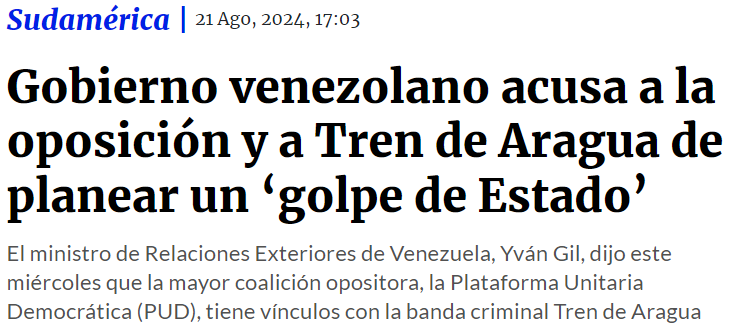 En abril de 2024, el canciller venezolano dijo que la banda criminal llamada el Tren de Aragua "no existe" y "es una invención destinada a difamar Venezuela"

4 meses después, LA MISMA PERSONA acusa a la oposición de aliarse con el Tren de Aragua para causar un golpe de estado