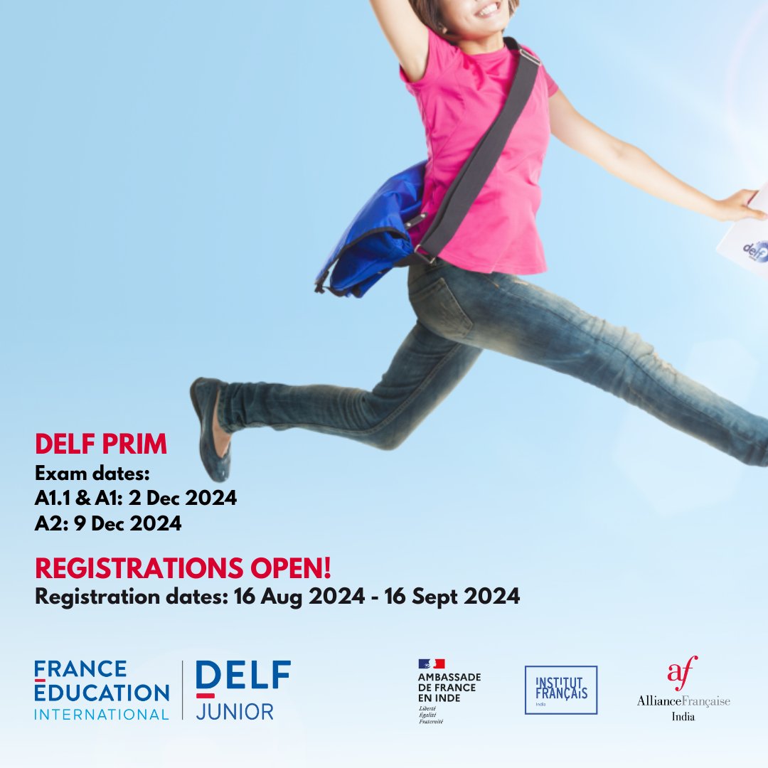 AF Bombay (@afmumbai) on Twitter photo Ready to showcase your French skills?
Apply now for the DELF PRIM December 2024 exams for students aged 8 to 12 and unlock new opportunities worldwide!
Registrations Open! Secure your spot today!
For queries, feel free to drop an email to certifications.mumbai@afindia.org Ready to showcase your French skills?
Apply now for the DELF PRIM December 2024 exams for students aged 8 to 12 and unlock new opportunities worldwide!
Registrations Open! Secure your spot today!
For queries, feel free to drop an email to certifications.mumbai@afindia.org