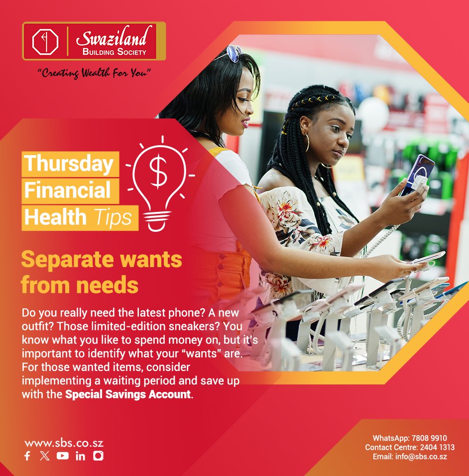 SBSswaziland's tweet image. Thursday Financial Health Tips with SBS💸💰

#CreatingWealthForYou #SBSFinancialTips #SwazilandBuildingSociety #Eswatini