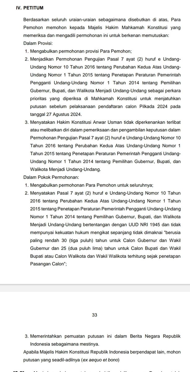 ferrykoto's tweet photo. ## Seharusnya Kepentingan dan Keselamatan Rakyat dan Negara, Diatas Semua Kepentingan, Sengaco Apa pun MK ##

Paripurna yang rencananya pagi ini diadakan untuk membahas dan mengesahkan revisi UU Pilkada, batal dilaksanakan. Alasannya karena kuorum tak terpenuhi.

Syukurlah, apapun alasan batalnya, disengaja atau tidak, yang jelas batal, sehingga sampai detik ini DPR masih menghormati konstitusi, khususnya pasal 24C ayat (1) UUD 1945 yang tegas menyebut bahwa Putusan MK itu final.

Sengaco apapun putusan MK, setidak-suka apapun kita, bahkan walau Konstitusi dengan tegas juga mengatakan bahwa DPR lah yg punya kekuasaan dalam pembuatan norma hukum dalam UU (pasal 20 ayat (1) UUD 1945) bukan MK, tapi demi penghormatan terhadap konstitusi itu sendiri, maka DPR harus mengalah.

Betul, bahwa MK melampaui kewenangannya dengan membuat normal baru dalam putusan Nomor 60/PUU-XXII/2024 terkait syarat persentase suara dalam mencalonkan Cakada. Yang mestinya pembuatan norma di pasal 40 ayat (1) UU Pilkada yg diputus MK inkonstitusional itu adalah ranah kekuasaan Legislatif, bukan ranah Hakim Konstitusi. Kenapa?

Karena sebuah norma baru yang dibuat dalam UU, harus menyerap aspirasi rakyat, menyerap realitas di masyarakat, ada naskah akademiknya kenapa norma tsb perlu dihadirkan, dan ujungnya NORMA itu pun harus dapat diuji jika ada yg menilai Norma tersebut melanggar atau tidak sesuai dgn konstitusi.

Itulah kenapa pembuatan UU itu kewenangannya ada ditangan wakil rakyat, DPR RI. Karena norma apa pun yg DPR buat, tidaklah FINAL tapi masih bisa diuji. Jika pembuatam norma hukum ditangan MK karena sifat putusannya final, maka sengaco apapun, seburuk apapun, maka dia menjadi FINAL, semua harus tunduk karena perintah konstitusinya demikian.

----
Untuk putusan MK Nomor 60/PUU-XXII/2024, anggota DPR hormatilah konstitusi. Walau kewenangan kalian dirampas MK secara sewenang2, walau hak rakyat untuk terlibat dalam pembuatan norma dan mengujinya juga dirampas paksa MK lewat putusannya yang ngaco tersebut.

Tetap patuhlah pada Konstitusi. Negara ini masih tertib berdiri, karena kepatuhan kita pada konstitusi. Sepahit apapun yang harus ditelan karena putusan 60/PUU-XXII/2024 ini.

Toch, dampak putusan ngaco ini pun hanya soal Parpol bisa mencalonkan Cakada dalam sebuah Pilkada. Tak mengapa, ujungnya tetap rakyat nanti yang memutuskan siapa pemimpin daerah yang ingin mereka pilih. Rakyat pada dasarnya tidak dirugikan dgn makin besarnya peluang Parpol mencalonkan di Pilkada. Paling kalau banyak pun paslon nya, lembar coblosan saja nanti yang anggarannya bertambah.

Terima sajalah.

----

Sementara soal putusan MK nomor 70/PUU-XXII/2024 terkait batas usia pencalonan Cakada, yang jelas2 amar putusannya MENOLAK keseluruhan putusan, dan MK pun tegas tidak mau mengotak atik pasal 7 ayat (2) huruf e UU Pilkada yang normanya dibuat DPR tersebut, sah2 saja jika DPR akan mengubahnya dengan norma baru.

MK dalam pertimbangannya hanya menyatakan bahwa pasal 7 ayat (2) huruf e, norma yg saat ini berlaku di UU Pilkada, sudah jelas maknanya adalah usia paslon cakada saat DICALONKAN. Clear, tak perlu berbantahan dgn pertimbangan ini, karena memang normanya bunyinya begitu.

Namun, jika DPR ingin mengubah pasal 7 ayat (2) huruf e tersebut, ya memang kewenangan DPR. MK pun tak ada dalam putusannya melarang DPR mengutak atik pasal 7 ayat (2) huruf e tersebut, bahkan MK tegas tdk mau menafsir, dan menolak seluruh permohonan.

Jadi jika DPR ingin mengubah pasal 7 ayat (2) huruf e dgn norma baru yang bunyinya syarat "usia 30 tahun itu adalah saat dilantik", ya sah2 saja, karena memang open legal policy, memang kewenangan DPR, tak juga melanggar satupun putusan MK, termasuk putusan 70/PUU-XXII/2024.

Namun.......

DPR juga harus Perhatikan tingkat urgensi perubahan norma pasal 7 ayat (2) huruf e UU Pilkada tersebut. Apa urgensinya ditengah mepetnya tahapan Pilkada? Urgensi atas kepentingan apa yg mendesak sehingga revisi pasal 7 itu harus segera dilakukan?