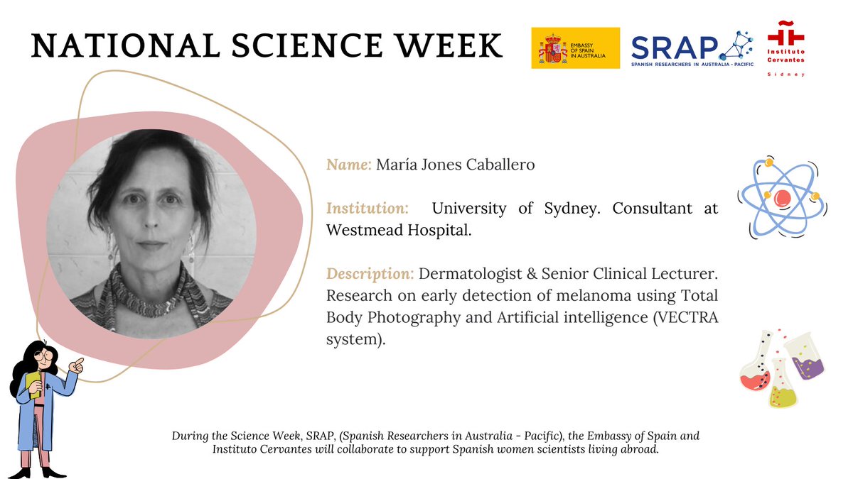During the 🔬#ScienceWeek, <a href="/srap_ieap/">SRAP-IEAP</a> , the <a href="/EmbEspAustralia/">Embajada España en Australia - Embassy of Spain AU</a> and <a href="/IC_Sydney/">Instituto Cervantes Sídney</a> will collaborate to support Spanish women scientists living abroad. 🧬🇪🇸 Today we spotlight Maria Jones Caballero