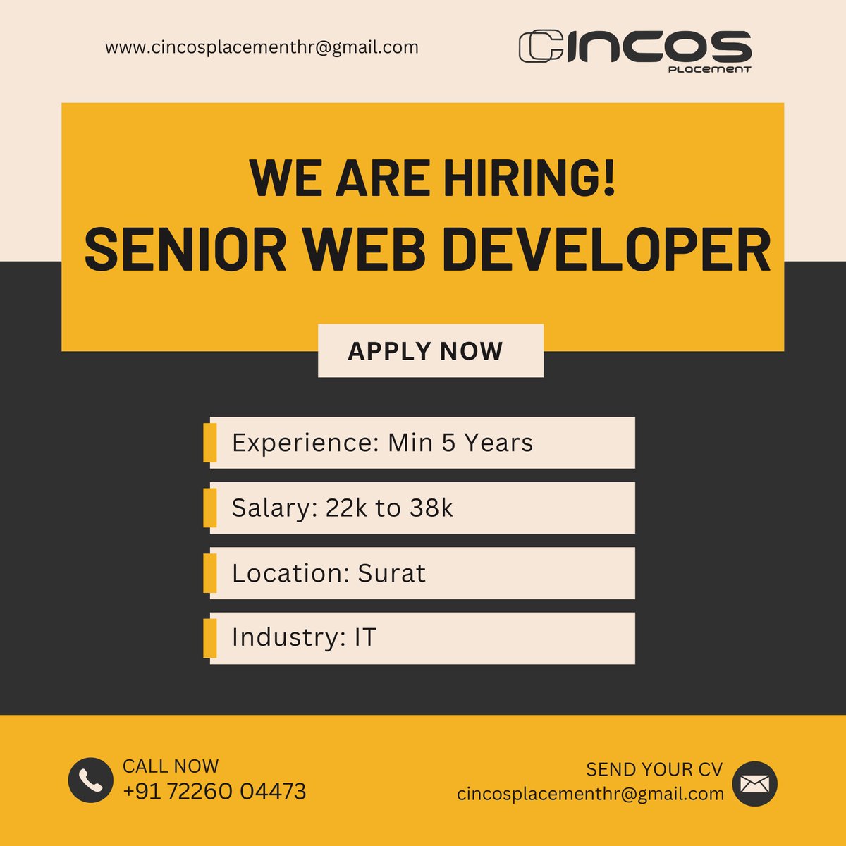 cincosplacement's tweet image. Elevate your career as a Senior Web Developer with the top IT job consultancy in Surat!
Contact Us
Phone : +91 72260 04473
#SeniorWebDeveloper #SuratJobs #WebDevelopment #UrgentJobs #TopITJobPlacementConsultancyInSurat #ITJobRecruitmentConsultancyInSurat