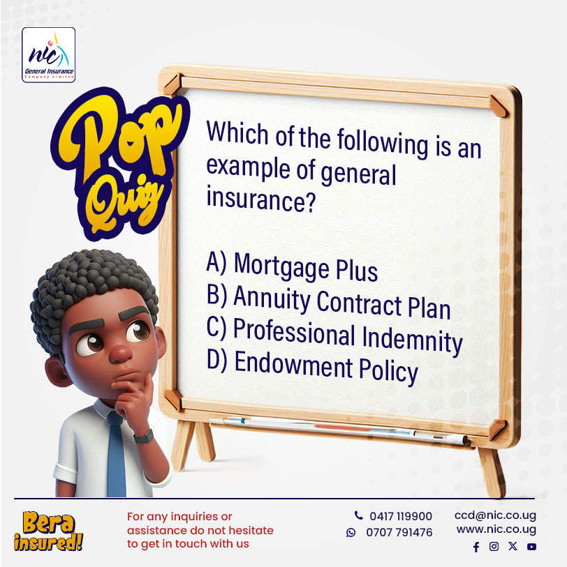 nicholdings's tweet image. How sharp is your insurance knowledge? Be the first to answer correctly and grab a UGX 50,000 worth of Data Bundle! The jackpot awaits!
#NIC #insurance #PopQuiz