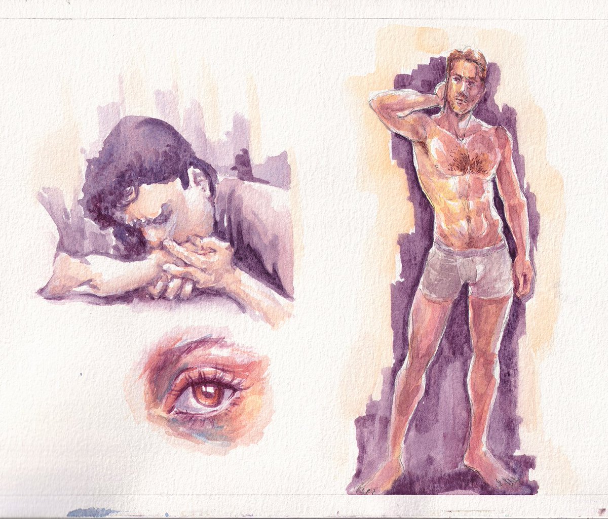 Went to <a href="/theposearchives/">The Pose Archives ⚔️</a> and painted one of their poses. I changed his angle from a top-down angle to a more forward facing one. The left side were both from my IG for you page and painted them randomly. 

Done on #Canson XL A4 sketchbook with #SakuraKoi #watercolours .