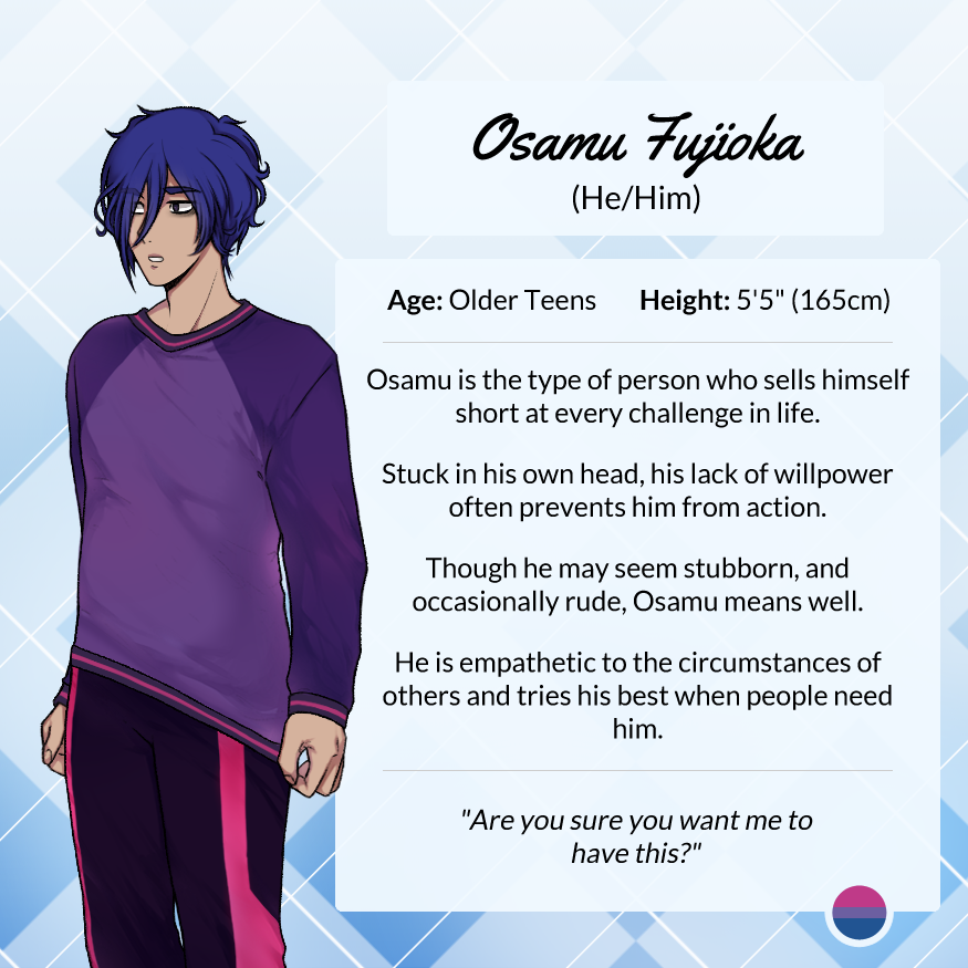 HarmonyFrontier's tweet image. Introducing... Osamu Fujioka! 📚💭

Ever the closed book, Osamu is someone who is often seen but not heard. Kacper frequently spots him by his brother&apos;s side, despite his disapproval.

#SoPVN #characterintro #indiedev #vndev