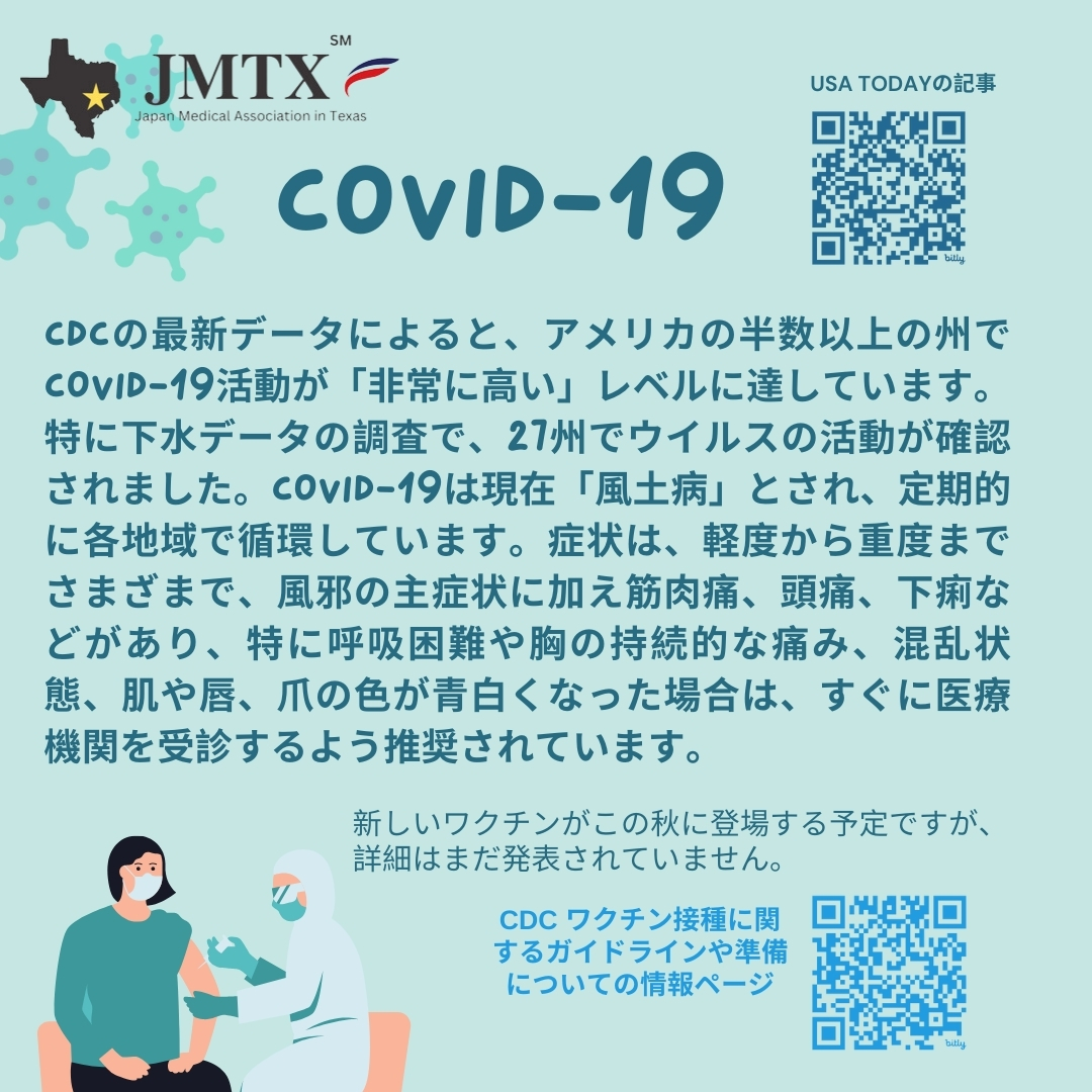 JMTX_HOU's tweet photo. CDCの最新データによると、アメリカの半数以上の州でCOVID-19活動が「非常に高い」レベルに。下水調査で27州でウイルスが確認され、COVID-19は現在「風土病」として定期的に各地域で循環しています。

#JMTX ＃コロナウイルス #COVID #健康情報 https://t.co/p4xbbNineD
